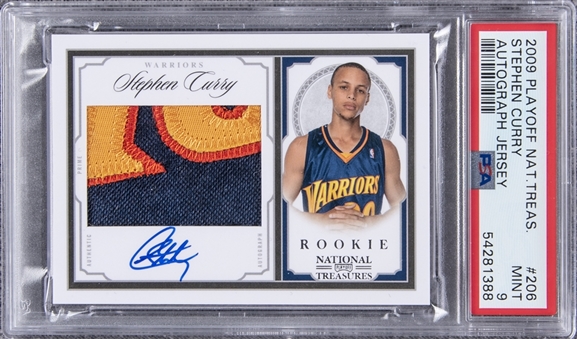 2009-10 Panini/Playoff National Treasures Autograph Jersey (RPA) #206 Stephen Curry Signed Patch Rookie Card (#60/99) – PSA MINT 9